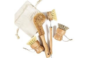 HANGOU Spazzola per piatti in bambù con manico Spazzola per piatti da cucina Set di 4 Spazzole naturali per la pulizia per piatti, pentole, bottiglie, teglie da forno