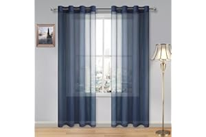 DWCN Navy Blue Sheer Curtains Textured Semi Transparent Eyelet Top Decorative Voile Curtain for Living Bedroom, 52" Wide x 90" Drop, 2 Panels