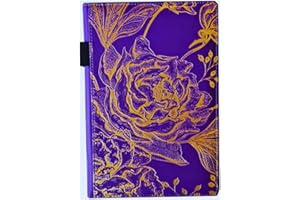 EJRange A5 Lined Notebook – Faux Leather Journal with Soft Cover, 192 Thick Pages, Pen Loop & Storage Pocket | Hardback Writing Notebook with Gold Rose Design, Ribbon & Elastic Closure (Purple)