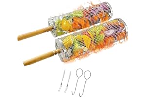 Gerbala Cesta de Parrilla Rodante para Parrilla al Aire Libre, Cestas de Parrilla Anidadas, Paquete de 2 con Asas de Madera Extraíbles para Barbacoa, Jaulas de Barbacoa de Acero Inoxidable 304