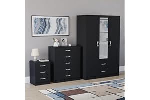 Vida Designs Riano 3 Piece Bedroom Set - 3 Drawer Bedside Chest, 5 Drawer Chest, 3 Door 2 Drawer Mirrored Wardrobe - Black