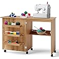 Multigot Folding Sewing Table, 2-in-1 Mobile Craft Table with Open Shelves and Rolling Casters, Sewing Machine Cabinet Computer Desk for Home Office (Natural)