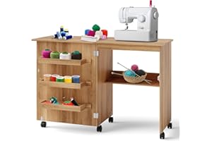 GYMAX Mobile per Macchina da Cucire, Tavolo Cucito Pieghevole Richiudibile, con Ripiani Portaoggetti e 5 Ruote, 118,5 x 40 x 79,5 cm (Marrone)