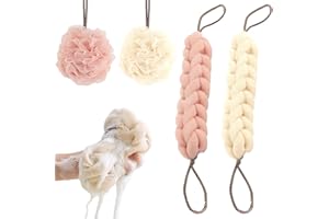 HANIUTTY 4 Stück Badeschwamm Luffa(Rosa, Beige) luffa Schwamm Duschschwamm, Seifschwamm Massageschwamm Rückenschrubber für Männer und Frauen Hautreinigungszubehör(2 Badestangen + 2 Badekugeln)