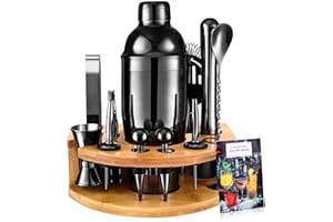 AOKITO Cocktail Set, Coctelera Profesional de Acero Inoxidable de 12 Piezas, Coctelera de 750 ml, Kit Cocktail de Barman con Soporte de Madera para El Hogar o El Bar, Libro de Cócteles