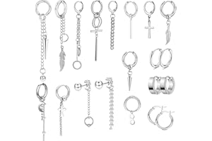 INPION 20PCS Dangle Earrings for Men, Stainless Steel Hinged Huggie Hoop Earrings Silver Cross Chain Dangle Earrings Feather Dangle Earrings for Men Women Gift for Birthday Father's Day Christmas