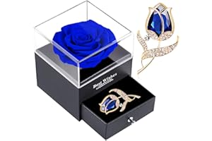 SWEETIME Preserved Rose Gift Enchanted Real Blue Rose with Sapphire Rose Brooch, Eternal Flower Rose, Handmade Rose in Box with Pin, Forever Blue Rose Gift for her on Mother's Day, Birthday.
