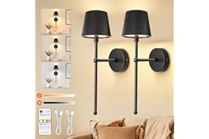 Ketom Rechargeable Wall Lights Set of 2, Battery Operated Wall Lights Black with Remote, 3 Color Temperature & Dimmable, Wireless Sconces for Bedroom Living Room Hallway Night Light, Striped Finish