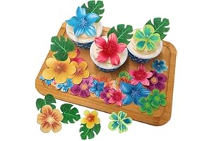 KLINNA Lot de 83 décorations de gâteau en papier comestible : 35 fleurs comestibles, 48 feuilles comestibles pour cupcakes, décorations d'anniversaire jungle, idéales pour les fêtes hawaïennes et les