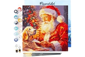 Figured'Art Mini Peinture par Numéro Adulte 20x20cm avec cadre Père Noël et son Chien - Petit Format Kit de Loisir Créatif DIY Numéro d'Art Complet