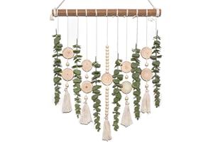 Finsink Makramee Boho Wandbehang, Wanddeko Wandteppich mit Holzperlen und simulierte Eukalyptusblätter, Makramee Wandbehang für Wohnzimmer Schlafzimmer und Studio