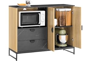 SoBuy aparador de cocina y salón – mueble auxiliar de cocina con hueco para microondas (Ø6 cm) y portacopas, puerta con lamas, estante regulable patas metálicas altas roble/negro 107×40×85 cm FSB103-N