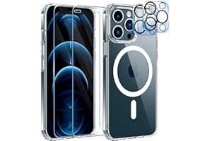 YisrLery 5 en 1 Magnétique Coque pour iPhone 12 Pro Max avec 2 Protection écran et 2 Caméra Protecteur, Étui Anti-Jaune/Rayures Protection Compatible MagSafe, Antichoc Housse Case (Transparent)