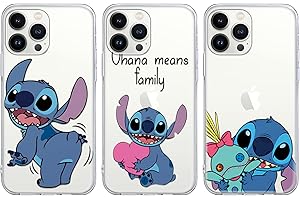 nurkorki [3 Confezioni Stitch Cover per iPhone 15 Plus 6,7", Cartoni Kawaii Anime con Disegni Custodia Per iPhone 15 Plus Ohana Cover Donna Transparente Silicone Animati Case