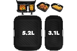 GINOYA Air Fryer Liners for Tefal Easy Fry 5.2L/3.1L, Tower T17099, Lakeland 5L/3L, Salter EK5729, Netta 5.5L/3.5L, EUARY 4L/6L, Huddle 5L/3.5L, Air Fryer Silicone Accessories for Dual Drawer(2PCS)