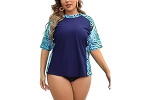 ATTRACO Womens Rash Vest Plus Size Long Sleeve Swim Top Zipper Long Sleeve Rash Guard UPF50+ Swimsuit