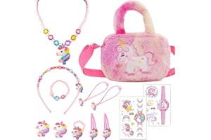 GIUGIO Ensemble de bijoux avec sac à main licorne - Cadeau - Sac à main licorne - Parure de bijoux pour fille - Cadeau pour fille - Collier - Bracelet - Bague - Barrette à cheveux pour enfants de 2, 3, 4, 5,