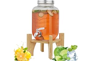 Hiziwimi 4L Beverage Dispenser with Bamboo Stand,Glass Drink Dispenser with Tap Solid Stainless Steel, Iced Drink Jar for Juice Water Homemade Tea Drinks (4L Glass with Bamboo Stand)