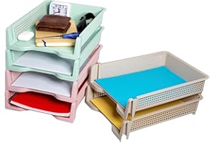 QE'MONO Organizador Folios 6 bandejas de Oficina apilables Incluye 2 Sobres Transparentes. Organizador de Escritorio para Folios a4 de plastico Resistente. Clasificador Documentos para Oficina Escala Pastel