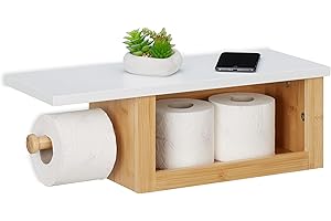 Relaxdays Dérouleur Papier Toilette avec étagère, Support en Bambou, Compartiment, HxLxP : 17x50x18 cm, Nature - Blanc