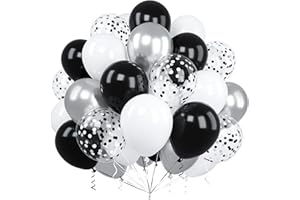 Black Silver White Balloons, Ousuga 60 pcs 12 Inch Matte White Black Metallic Silver Confetti Latex Balloons Set for Men Women Birthday Baby Shower Wedding Graduation Anniversary Party Decoration