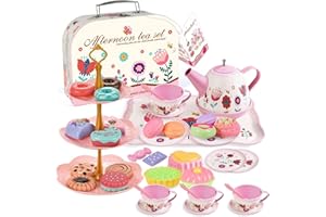 JurciCat 46 pcs Juego De Te Infantil Juguete Accesorios para Cocina De Maletín De Transporte con Juguetes De Postre Tazas Platos y Juego De Té Completo para Regalo Juguete para Niñas De 3 A 9 Años