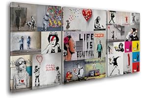 Giallobus - Quadri Grande Formato XXL - Banksy - Street Art - Collage 1 - Tela Canvas - 218x100cm | 3pcs. x 70x100cm - Pronto da Appendere - Quadri Moderni per la casa