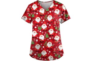 GENERIC Christmas Scrubs Uniforms Women Scrub Tops for Women UK Nurses Medical Uniform Tunic Beauty Work Wear Healthcare Tunics Carers Hospital Short Sleeve Care Uniform V Neck Shirt with Pockets