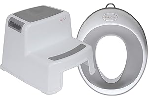 Babycurls Toilet Training Kids Non Slip Up Double Step Stool 26.5cm + Toilet Training Seat Combo Unisex White/Grey for Safe Toddler Loo Potty Training in The Bathroom and Home
