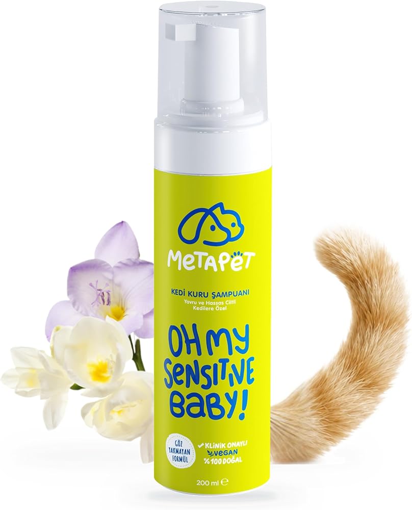 Metapet Hassas Ciltli ve Yavru Kediler İçin Kuru Köpük Şampuan 200 ml | Göz yakmayan, vegan, %100 doğal ve durulama gerektirmeyen formül