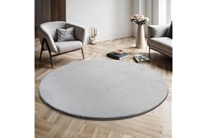 the carpet Relax Modern Fluffy Short Pile Rug, Non-Slip Underside, Washable up to 30 Degrees, Super Soft, Fur Look, Grey, 120 x 120 cm Round