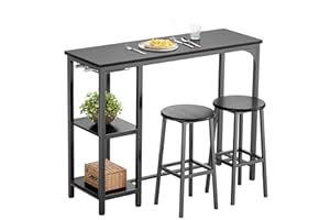 Bealife Stół barowy z zestawem stołków barowych, zestaw stołków pubowych z 2 półkami i uchwytem na szkło, zestaw kuchenny do kuchni, salonu, jadalni (czarny)
