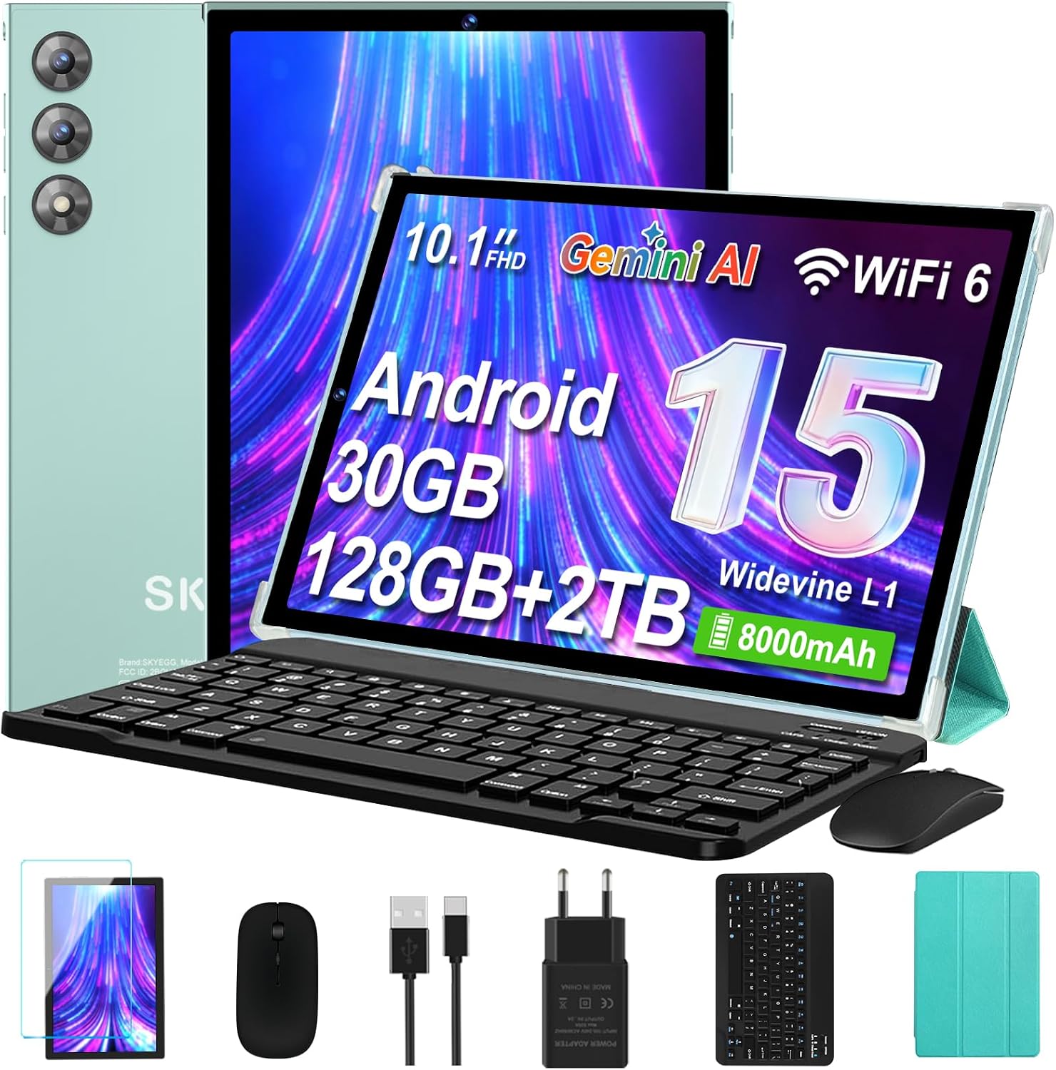 SKYEGG Tablet 10 Pulgadas Android 15 con Gemini AI, 30GB RAM + 128GB ROM Ampliable 2TB, Octa-Core, WiFi 6, Widevine L1, Batería 8000mAh, Cámara 8/5 MP, Teclado, Ratón y Funda, Cuerpo Metálico - Verde
