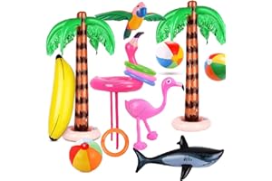 EVANCEDIRECT Evance 14 Pack Gonflables Jouets Flamingo Jouets Gonflable Banane Balles De Plage Volant Perroquet Requin & Flamant Gonflable Jeu De Tir pour Beach Party Hawaii Luau Fête Décorations (14 PCS)