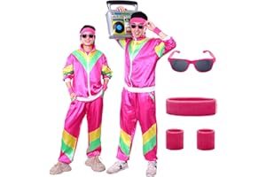 Ficlwigkis 80s 90s Outfit for Men and Women, 6 Pieces, Pink, 80s 90s Costume, Women's Retro 80s 90s Suit with Headband, Bracelets, Glasses for Carnival