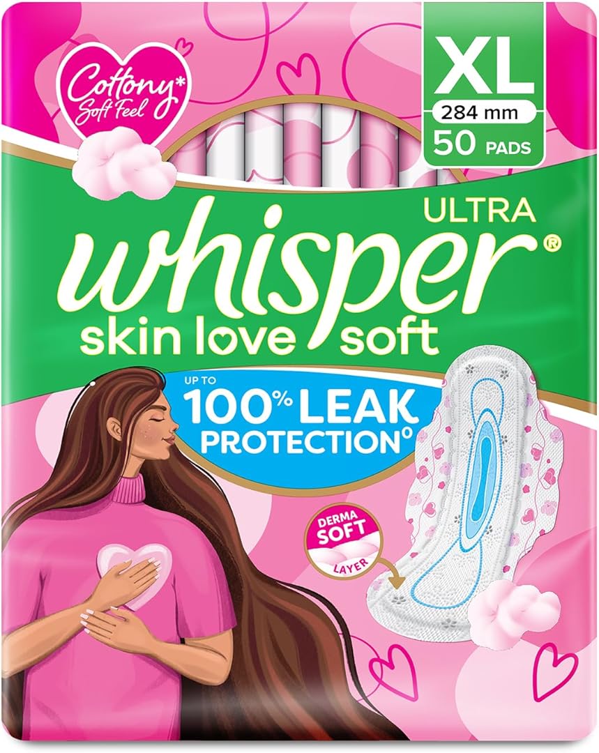 Whisper Ultra Skin Love Soft Sanitary Pads for Women, XL 50 Pads, Cottony Soft Feel, Upto 100% Leak* Protection, Disposable Wrapper, Locks Odour &amp;