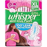 Whisper Ultra Skin Love Soft Sanitary Pads for Women, XL 50 Pads, Cottony Soft Feel, Upto 100% Leak* Protection, Disposable Wrapper, Locks Odour & Wet