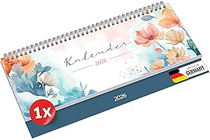 ‎PRIMUS-PRINT.DE PRIMUS PRINT Tischkalender 2026 Quer Wochenkalender – 64 Seiten Terminkalender und Jahreskalender – 297x130mm – 75g Naturpapier, Drahtkammbindung, Feiertage und Schulferien - [Einzeln - Blumen]
