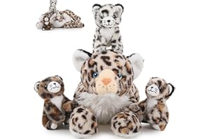 MorisMos 45cm riesen Leopardo Kuscheltier XXL mit 3 Plüschbaby im Bauch, groß liegend Plüsch Leopard XXL, Flauschiger Stofftier Plüschtier Leopardteddy Geschenk für Kinder