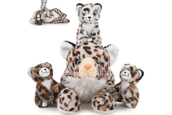 MorisMos Peluche Léopard des Neiges avec Bebe Doux, XXL Léopard Jouet en Peluche Animaux Grande Réaliste, Cadeau Noel Mignonne pour Fille Enfants Garçons Anniversaire Deco