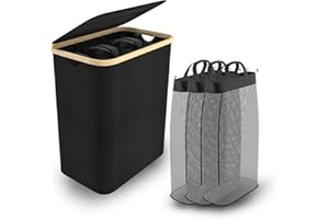 UISEBRT Cesto para la colada con tapa, 3 compartimentos, bolsa de lavandería de 140 l, cesta para la colada estrecha, plegable, extra grande, de bambú, con tapa, color negro