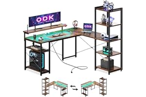 ODK Escritorio, Escritorio en L con con Estanteria, 140×137 cm con LED & enchufes estándar, Escritorios Soporte de Monitor Largo, Marrón Vintage