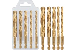 Vearter Lot de 5 forets hélicoïdaux M2 HSS pour métal, 5/6/8/10/12 mm avec tige hexagonale, forets hélicoïdaux pour acier inoxydable, acier à haute teneur en carbone, fonte, cuivre, aluminium, bois,