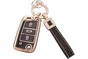 Koaudb - Funda para llave de coche para VW Volkswagen Golf 7 Polo MK6 Jetta Tiguan Skoda Superb Seat Leon 3 botones funda para llave de TPU suave con cordón de cuero para llavero (BP-Vlw-3B)