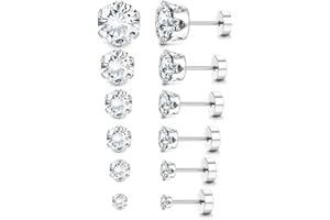 LOLIAS 6-7 Paires Lot Boucles d'Oreilles Dos Plat pour Femmes Hommes Acier Inoxydable Chirurgical Zircone Boucles d'Oreilles Clous Hypoallergénique Cartilage Helix Piercing Oreille