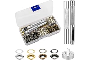 JORMFTTE 200 Sets Grommets Eyelets Kit Tool, 5mm Eyelets Punch Kit, Copper Grommet Tool Kit, Grommet Set with Hole Punch Tool Fastened Tool Metal Base, Fabric Leather Clothes(Golden Silver Copper Black)