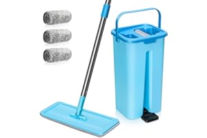 MASTERTOP Seau Essoreur et Balai Microfibre Mop Plat Rotatif et Seau Auto-Essorage Petit&Léger avec Mains Libres Vadrouille pour Nettoyage de Sol Humide & Sec avec 3 Serpillères