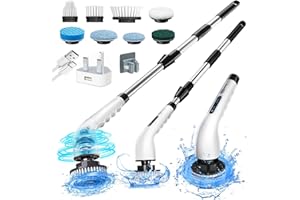AKEN Electric Spin Scrubber,Shower Scrubber Cordless Cleaning Brush with 8 Replaceable Brush Heads and Squeegee,Adjustable Extension Handle 2 Speeds Electric Cleaning Brush for Bathroom,Tub,Tile,Kitchen