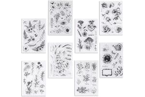 UCEC 8 hojas de sellos de goma de silicona, plantas y flores vintage, transparente, tamaño mediano