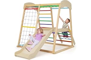 RELAX4LIFE Set di Arrampicata Multifunzione, Parco Giochi in legno Massello con Scivolo, Centro Attività da Interno, per Bambini 1 a 5 Anni (205x112x120 cm, Colorato)